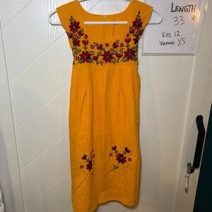 Boho Mexican Floral Embroidered Sun Dress Mustard Yellow Midi WXS Kids 12 Retro